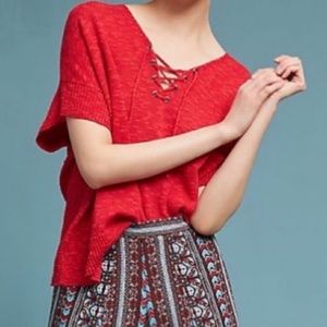 Anthropologie Moth Red Linen Lace Up Top